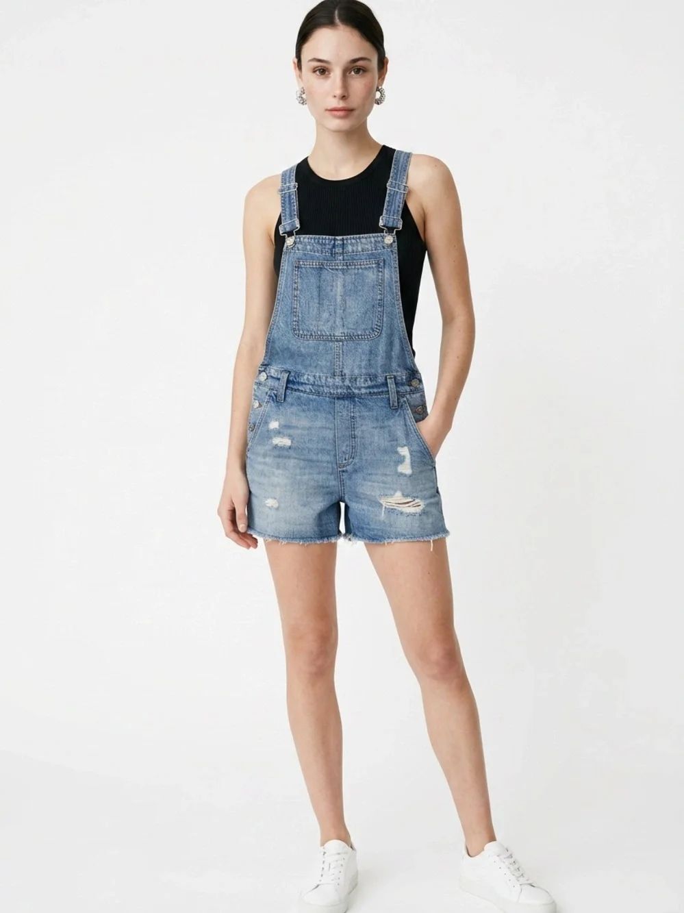 MADEWELL | Blue Denim Distressed Jean Short Overalls Women’s Size Small